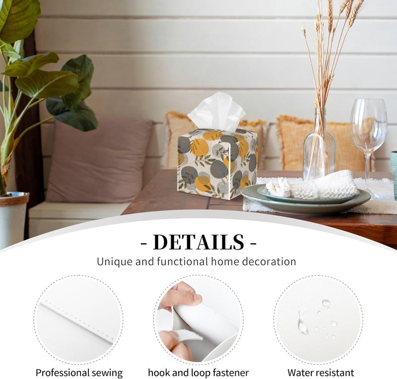 sndheke Boho Abstract Leaves Tissue Box Cover Square,Linear Boho Leaves and Geometric Tissue Box Holder Waterproof Leather Facial Paper Organizer Dispenser for Bathroom Home Car Nightstand Vanity Desk - Image 3